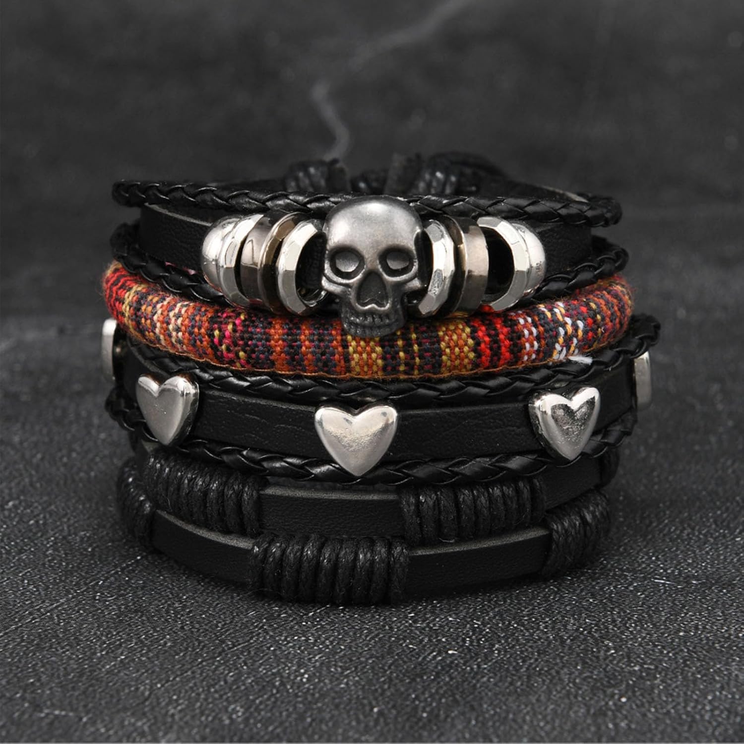 Viking Bracelet 4Pcs Leather Braided Bracelet Set Gothic Skull Heart Charm Multilayer Woven Cuff Wristband for Punk Streetwear (Adjustable) - Image 3
