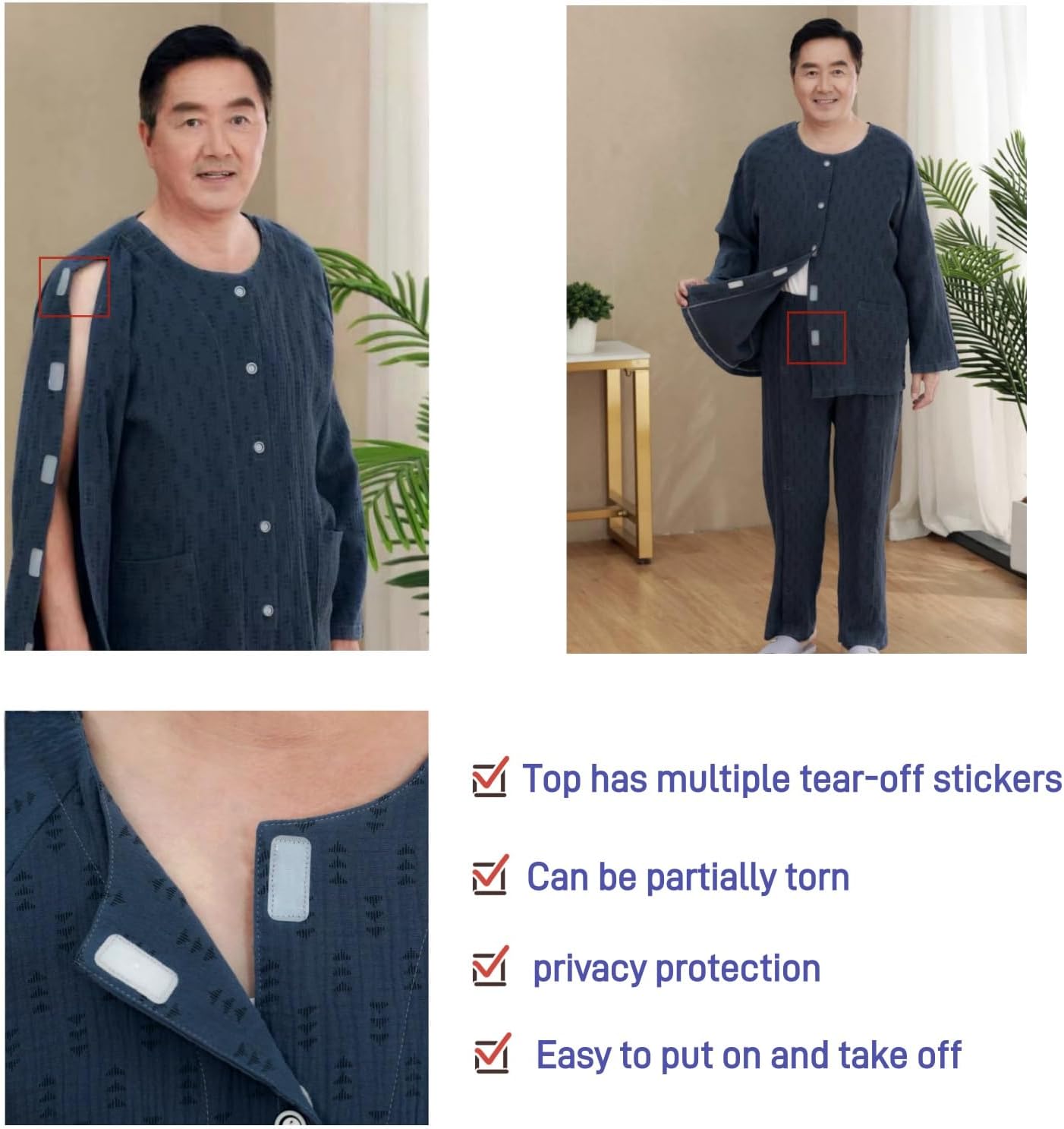 Pain Patient Clothes,Bedridden Patient Clothing,Tear Away Patient Clothes,Disability Clothing,Post-Operative Adaptive Clothing,Suitable for Hospitalized Elderly,Paralyzed,Dark Gray