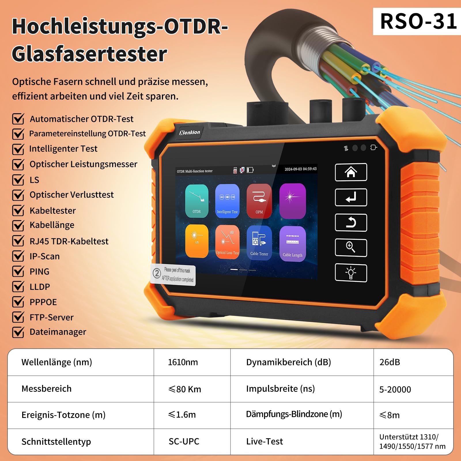 Henkion OTDR Fiber Optic Tester 1610nm 26dB, Glasfasertester unterstützt OPM, LS, OLS, VFL, Ereigniskarte, UTP/RJ45 TDR kabeltest/Längenkabeltester, Netzwerktester, 8 Faseradapter, FTP/Bericht