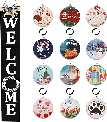 Miniatura 8 de ECOGREDA Letrero de bienvenida para porche delantero, 47 pulgadas con 12 decoraciones verticales de madera intercambiables para pared del hogar (6