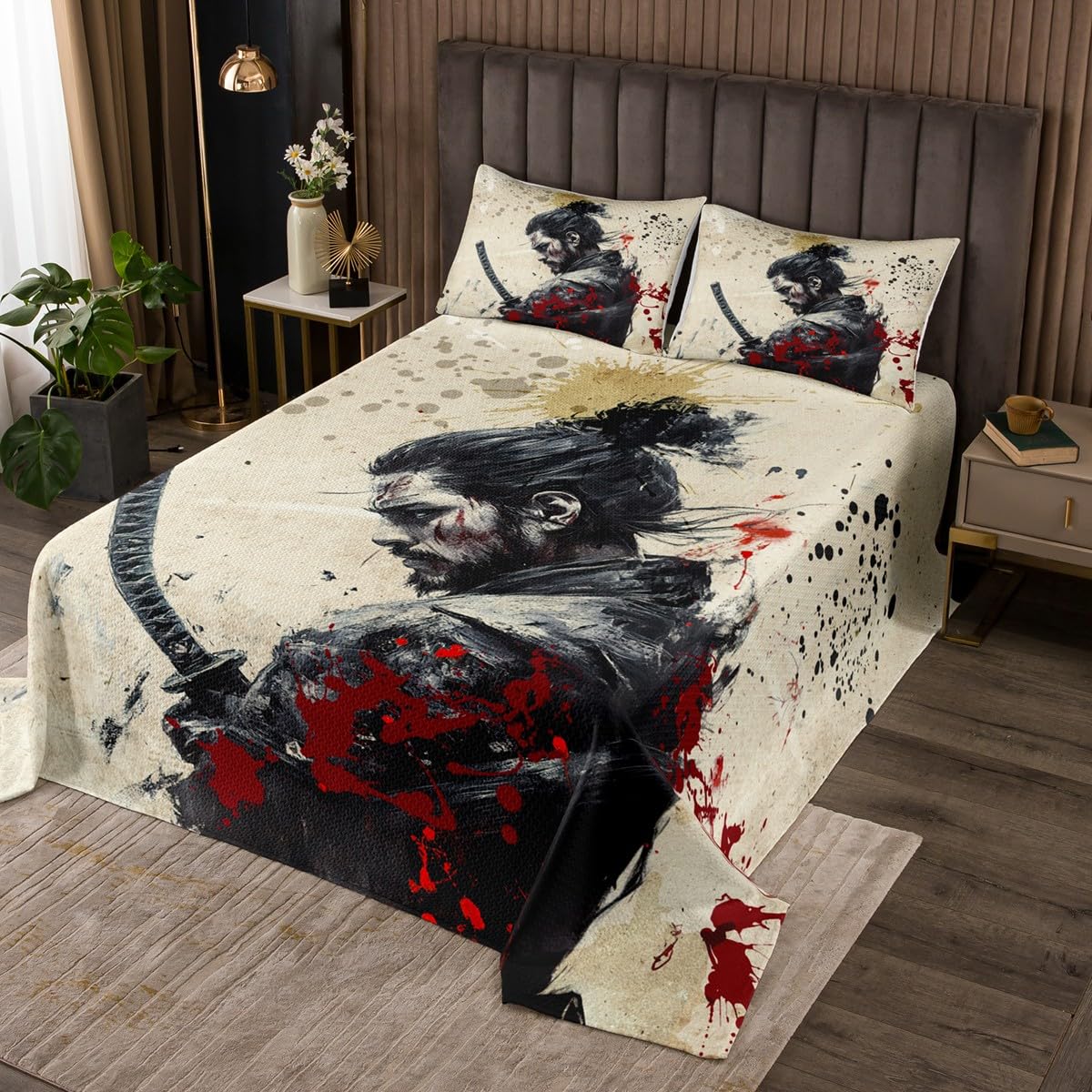 jejeloiu Kids Samurai Coverlet Set King Size, Warrior Bushido Quilted Coverlet Japanese Samurai Bedspread Boys Girls Swordsmen Teens Bedroom Decor 3Pcs