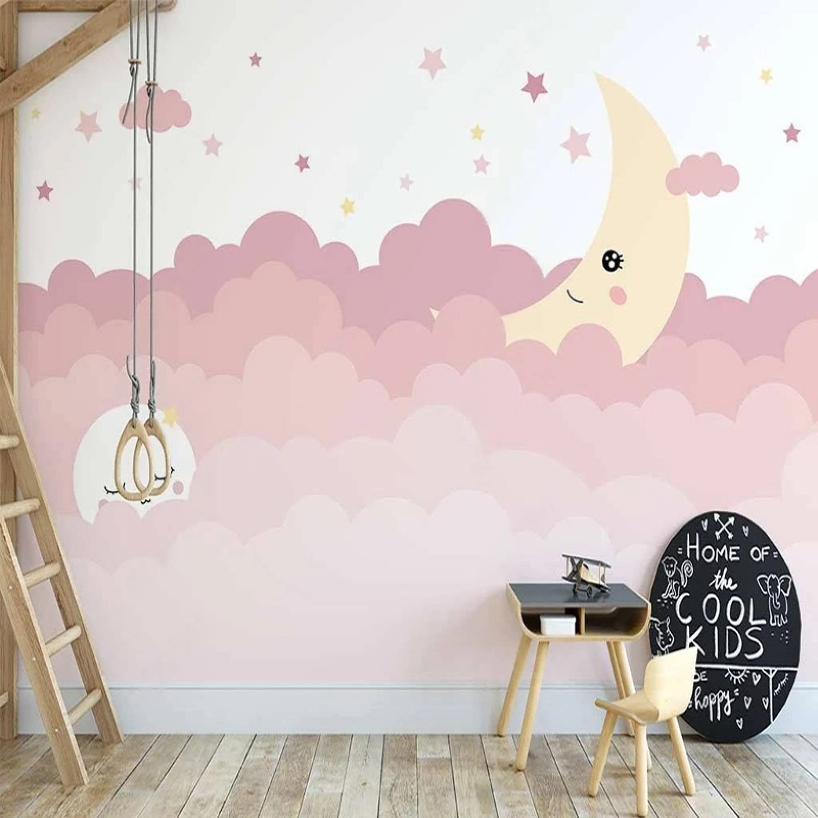 Papier peint personnalisé rose cloud moon pour transformer un mur blanc en ciel de chambre enfant