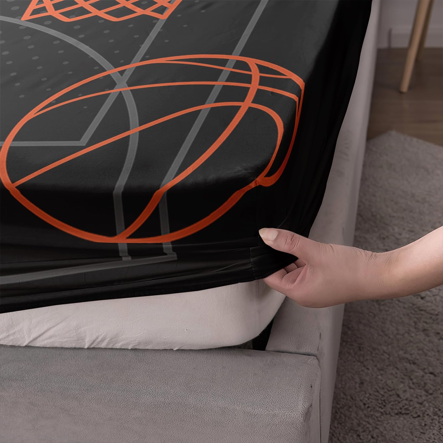 Basketball Court Print Twin Fitted Sheets Set for Boys,Ball Sports Games Bedding Set for Teens Kids Bedroom Decor,Orange Basketball Fitted Sheets Twin Size,1 Fitted Sheet+2 Pillowcases.