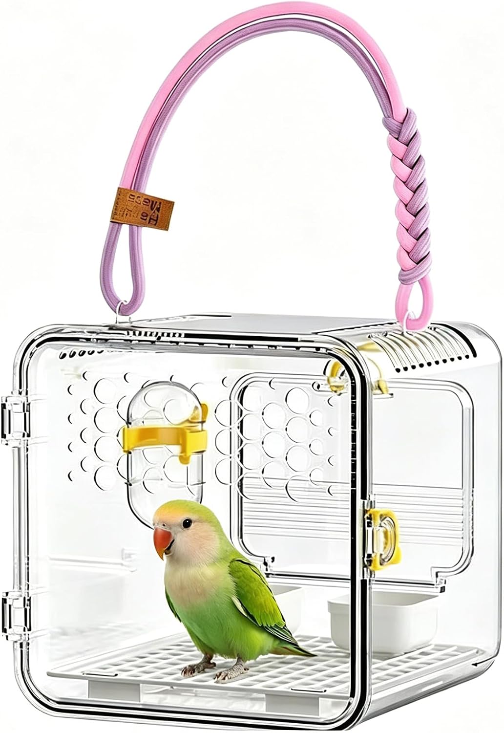 Small Bird Carrier Travel Box, Clear Acrylic, with Water Dispenser, Food Containers, and Bottom Mesh, for Parrots and Small Pets,Lightweight and Portable