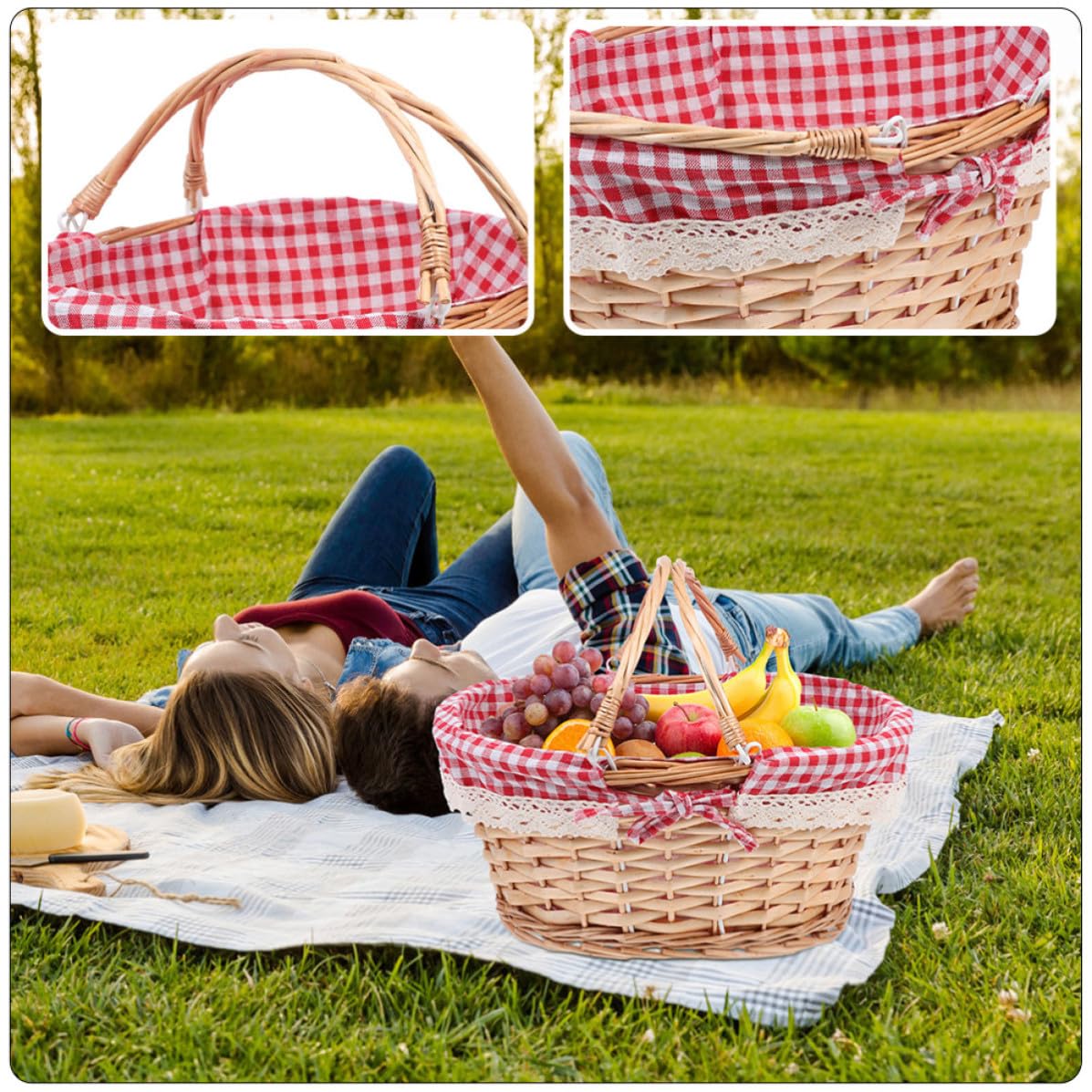 2 Piezas Cesta de Picnic Tejida a Mano Asa Móvil y Portátil