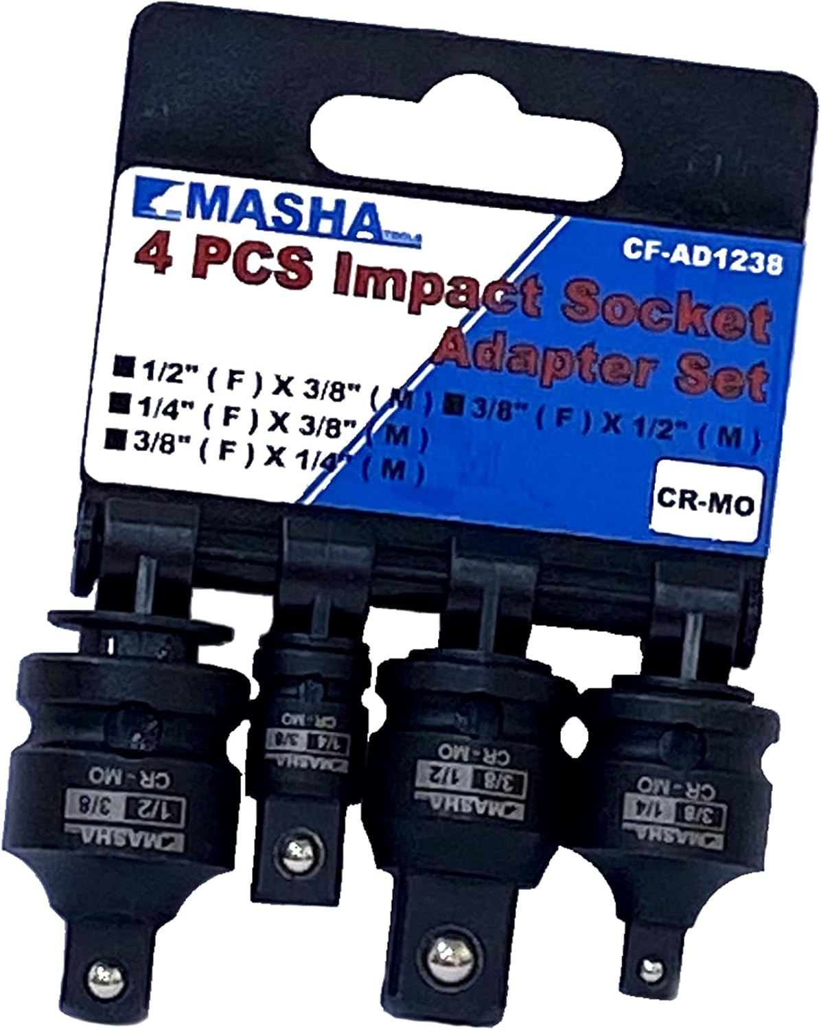 Masha Tools-Impact Socket Adapter and Reducer Set / 4 Piece Set / 1/4” – 3/8” – 1/2” Impact Driver Conversions/Chrome Molybdenum Steel (CF-AD1238)