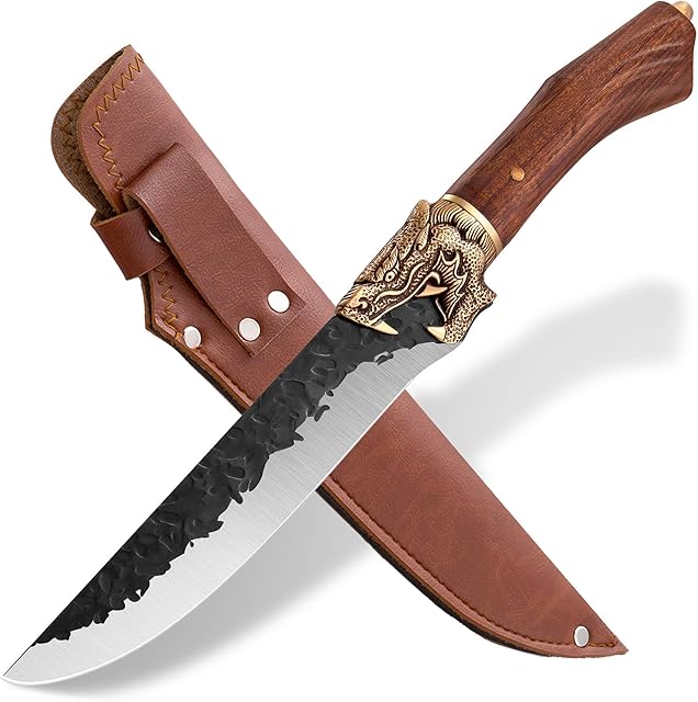 Purple Dragon Meat Cleaver Hand Forged Chef Knives Sharp Boning Knives Butcher Knife with Leather Bag and Gift Box German Steel 7Cr17Mov 7 inch for Kitchen Outdoor BBQ Camping Tactical
