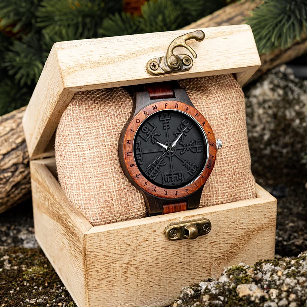 Relojes De Madera Vegvisir, Hombres Vikingos Joyería, Mito Nórdico Vintage Runas Círculo, Brújula Reloj de Madera, Hecho a Mano Grabado Caja de Madera de Regalo