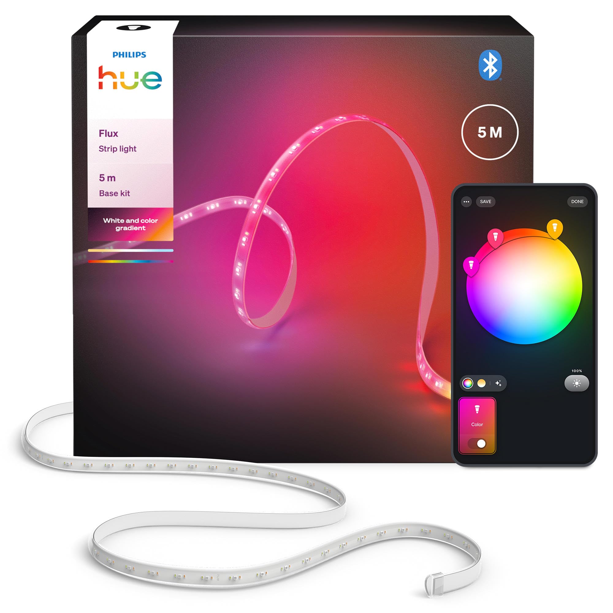 Striscia LED Hue Flux, 5 metri, 2.000 lm, colori e atmosfera vivaci, luce per interni flessibile, miscela dei colori Chromasync™, RGBWWIC, tagliabile, estensibile, riusabile, controllo voce/app