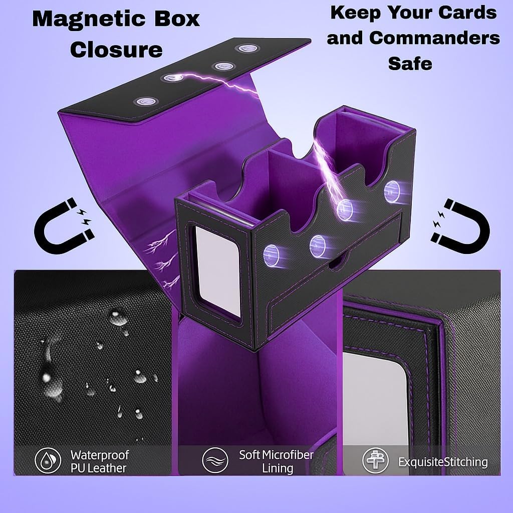 Card Deck Box, MTG Commander Card Deck Box, 2 Commander Display, Fits 200 Double Sleeved Cards, Storage Box with Dice Tray for CCG TCG Sports Cards (Black Purple)