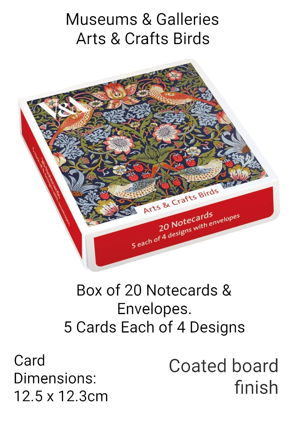 Museums & Galleries - 20 Notecards & Envelopes Boxed (V&A - Arts & Crafts Birds) ETE047, Multicoloured, 12.5 x 12.3cm - Image 2