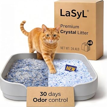 LaSyL Crystal Cat Litter for Multi-Cat Households - Silica Gel, 30-Day Odor Control, 99.9% Dust-Free Non-Clumping Low Tracking Lightweight Unscented Formula 34.4 lb 8 Bags x 4.3lb