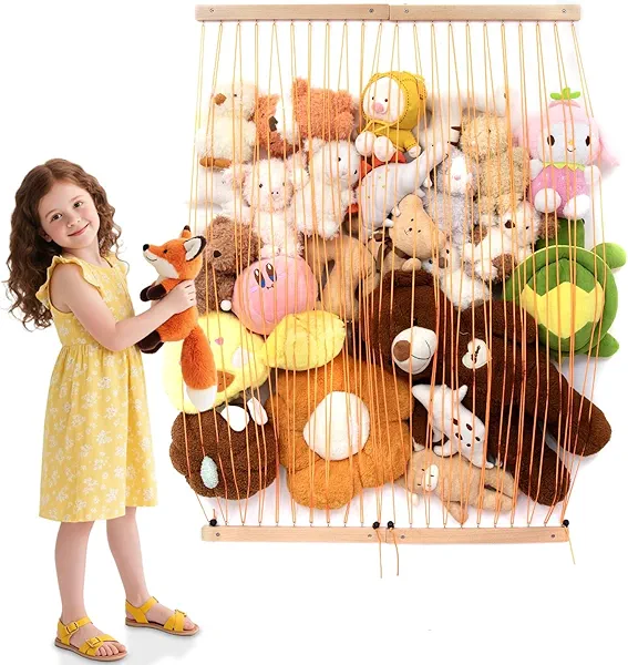 Qiannhee Extra Wide Stuffed Animal Hammock,29" Kids Corner Toy Organizer Net, Solid Wood Wall Hanging Storage for Plush Toys, Create Zoo Display in Bedroom, Nursery & Playroom (Log)