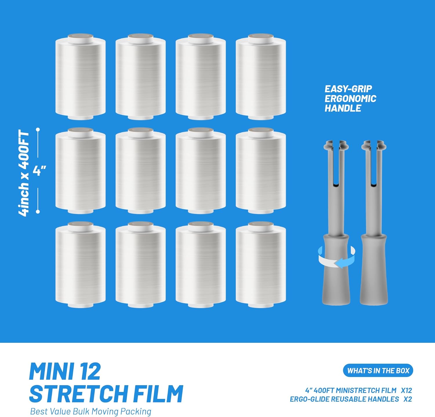 Mini Plastic Stretch Wrap for Moving — 12-Roll Pack, 400ft Shrink Wrap Roll with Handles | 80 Gauge Heavy Duty Stretch Film & Furniture Packing Wrap