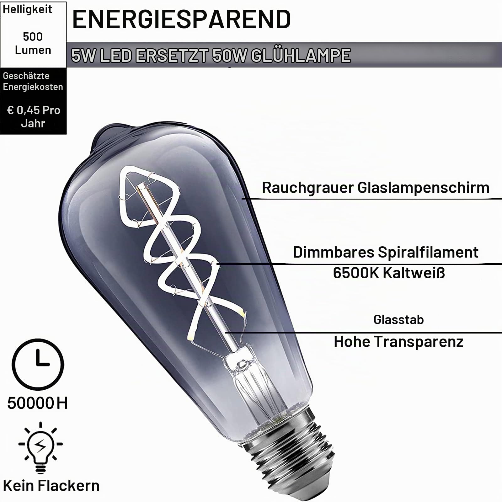 Edison Vintage Glühbirne E27-6W 465 LM LED Filament Lampe, Ersazt 60W Halogenlampen, Kaltes Weiß 6500K Antike Lampe Ideal für Retro Beleuchtung im Haus Café Bar - 6 Stück