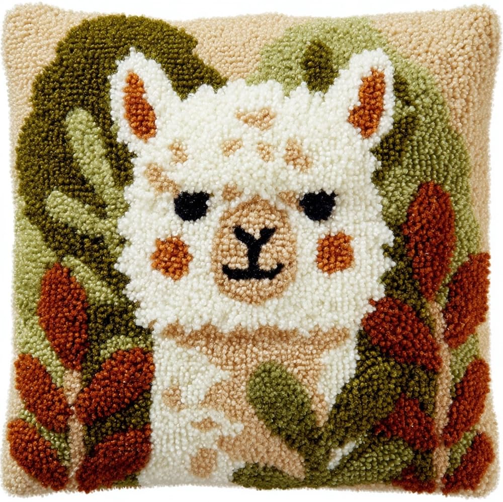 FWRTYCB DIY Latch Hook Pillow Kit Alpaca Eating Leaves Knitting Kits Cushi
