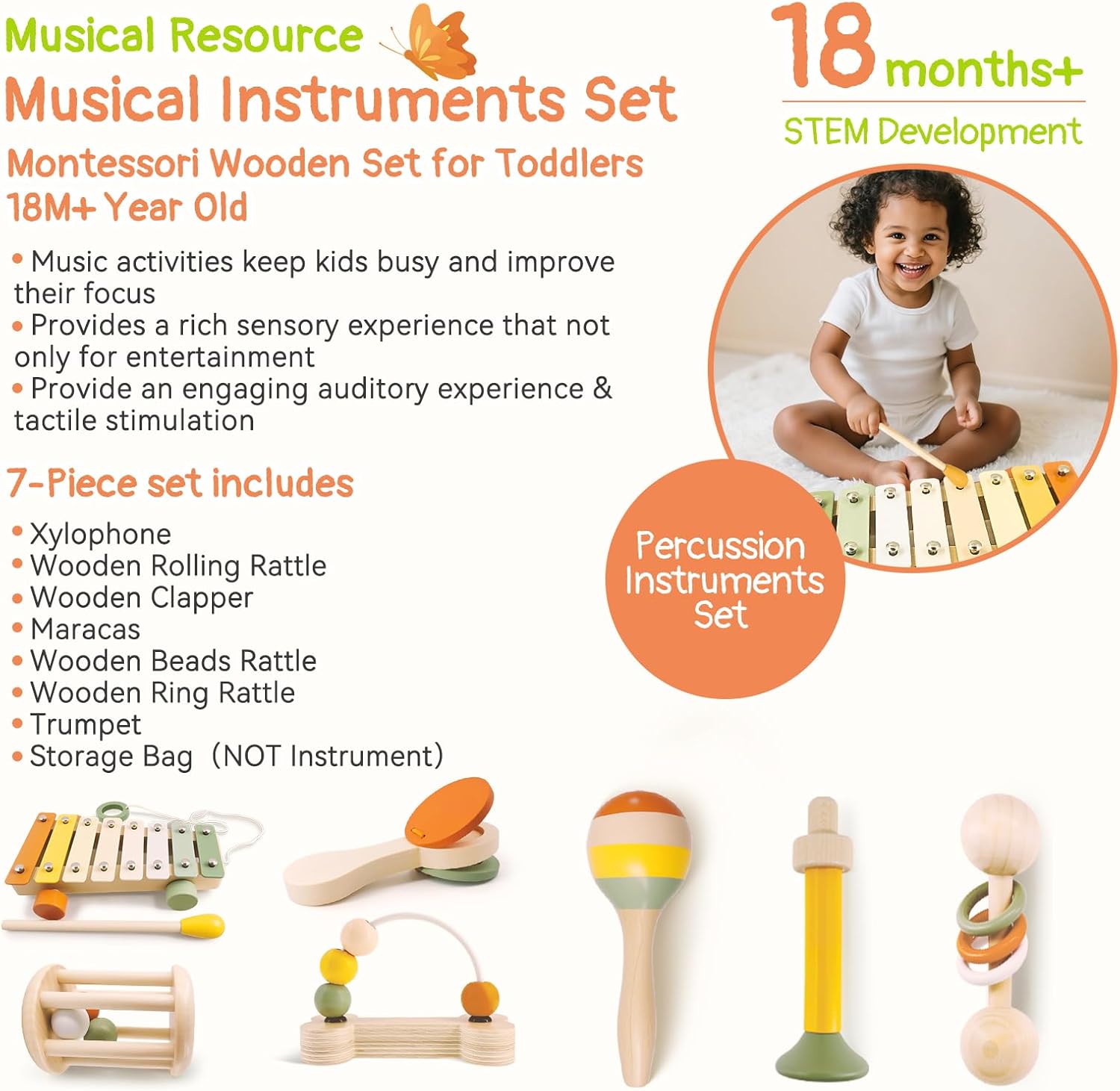 Wooden Musical Instruments Set for Toddlers 18+ Months - 7PCS Montessori Educational Learning Toys with Xylophone, Maracas, Trumpet & Storage Bag for Kids Baby