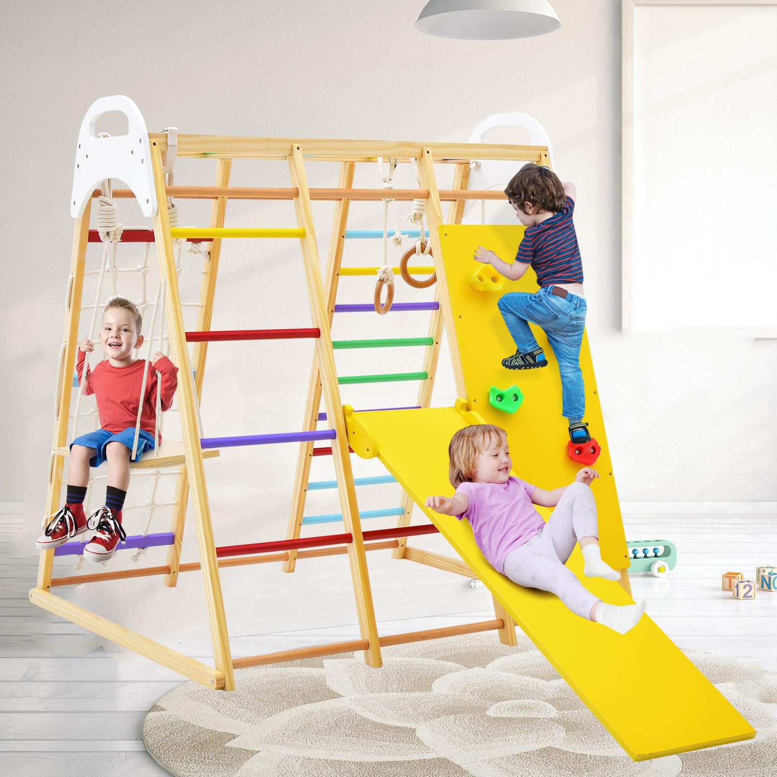 LIFEZEAL 8 en 1 Juego de Triángulo de Escalada, Gimnasio Bebe Madera, Parque Infantil con Tobogán de Madera, Red de Escalada y Anillas de Gimnasia y Columpio, para Niños a Partir de 3 Años