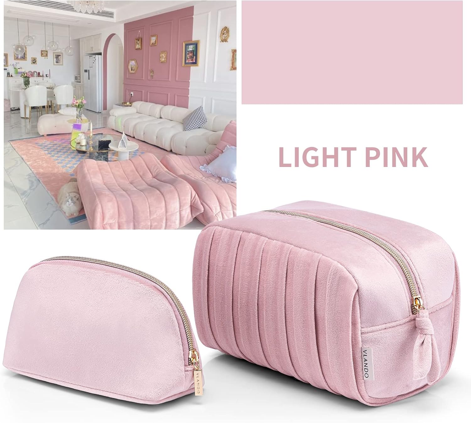 Vlando Makeup Bag,Pink 2 Pcs Travel Make up Pound Organizer Lizzy Velvet Preppy Makeup bags Portable Cosmetic Bag,Travel Accessories Zipper Pouch,Inside Waterproof Lipstick, Small Cute,Makeup Bag