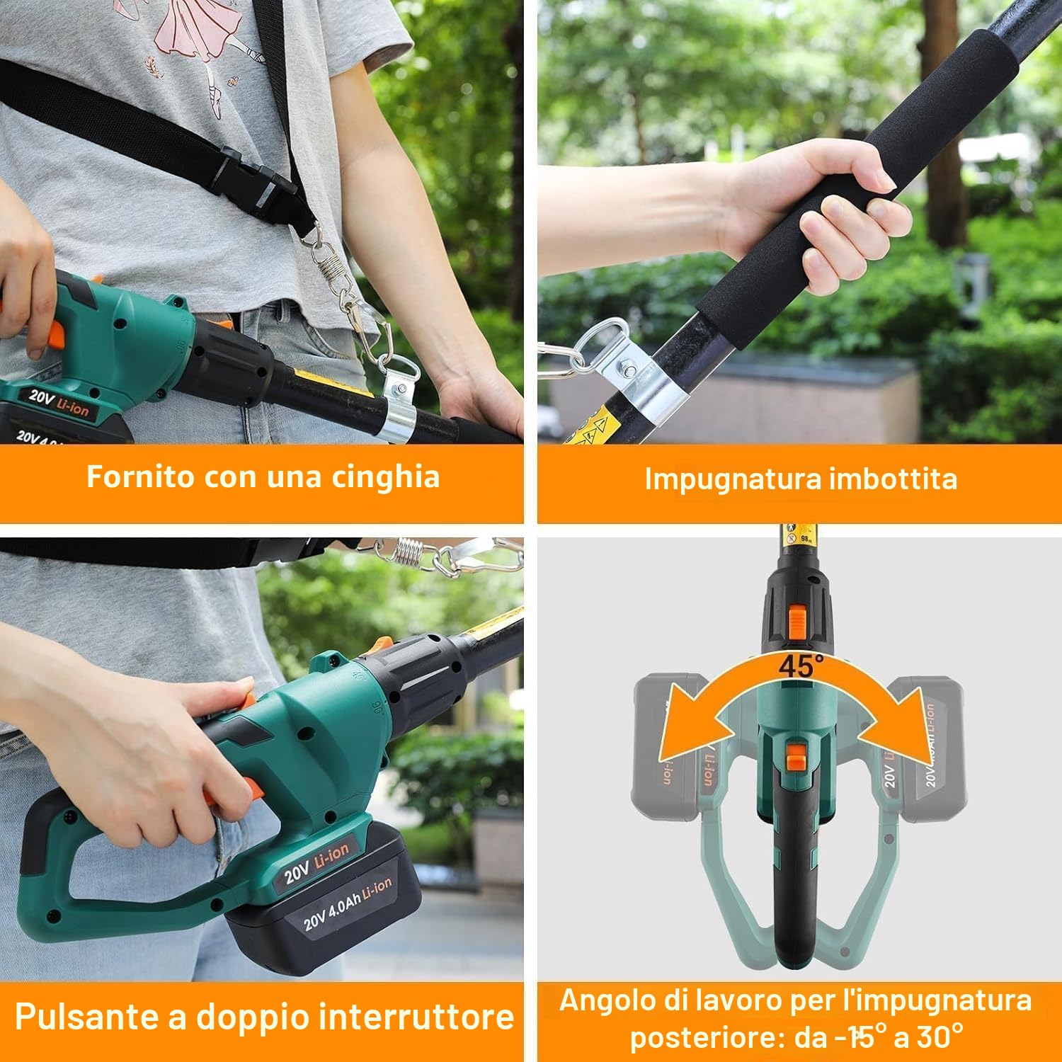 Potatore Telescopico, Sega Potatrice Elettrica, Sega ad Asta a Batteria, Batteria 20V 4Ah e Caricabatterie, Lama 20cm, Velocità Catena 5 m/s, Auto-Lubrificante, Testa Inclinabile, incl. Tracolla, 4 M