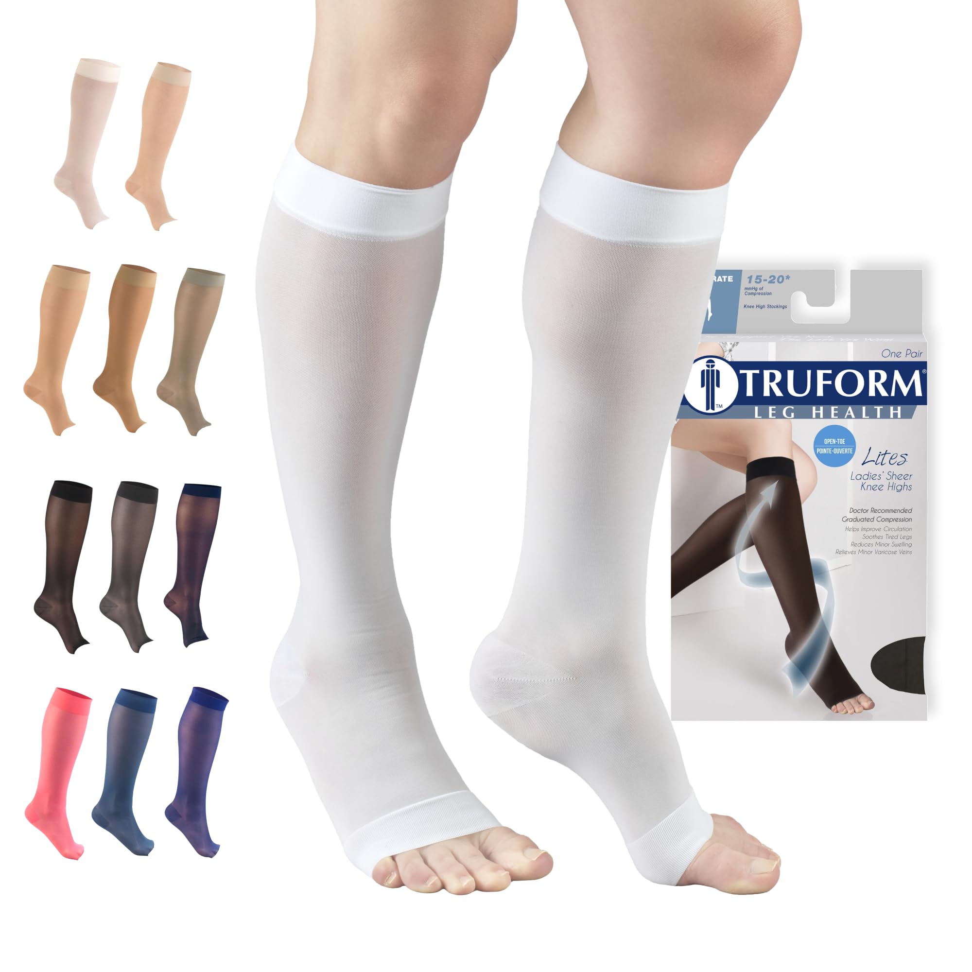 Truform Sheer Compression Stockings, 15-20 mmHg, Women's Knee High Length, Open Toe, 20 Denier, White, 2X-Large