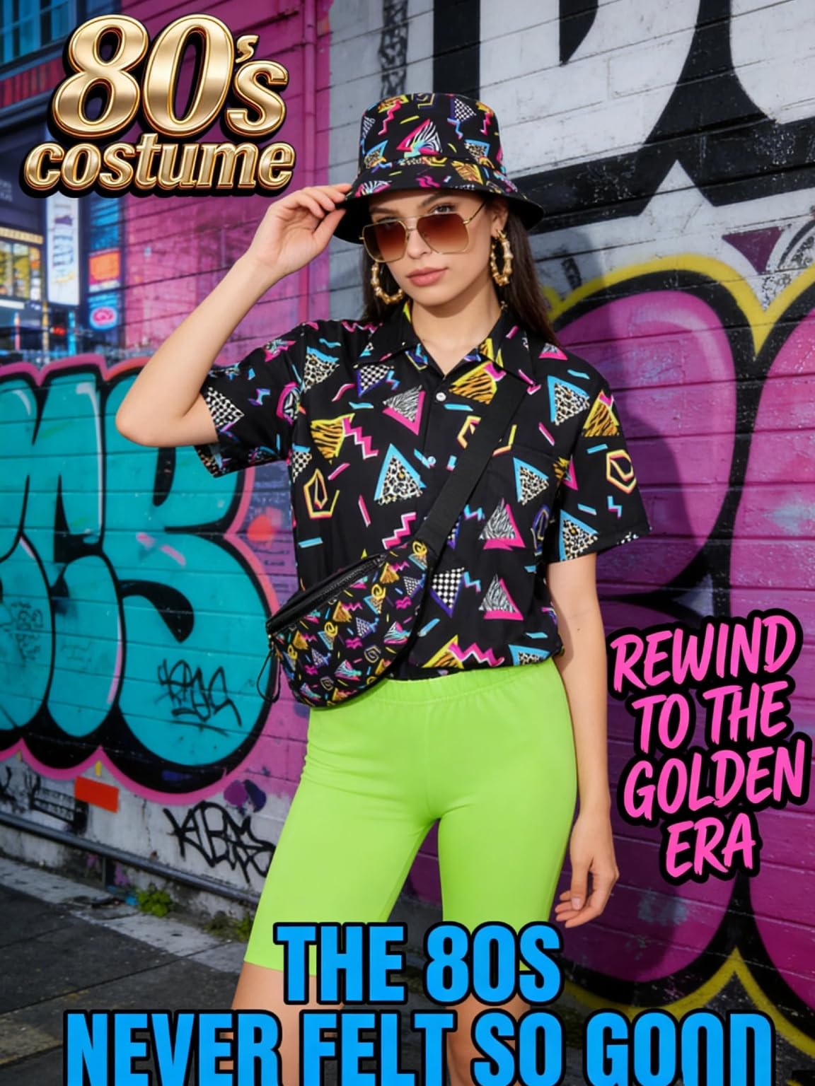 Verceco Trajes de los años 80 para mujer, disfraz de hip hop de los años 90 para adultos con camisa estampada de fiesta temática de los años 90 y juegos de accesorios retro de 7 piezas