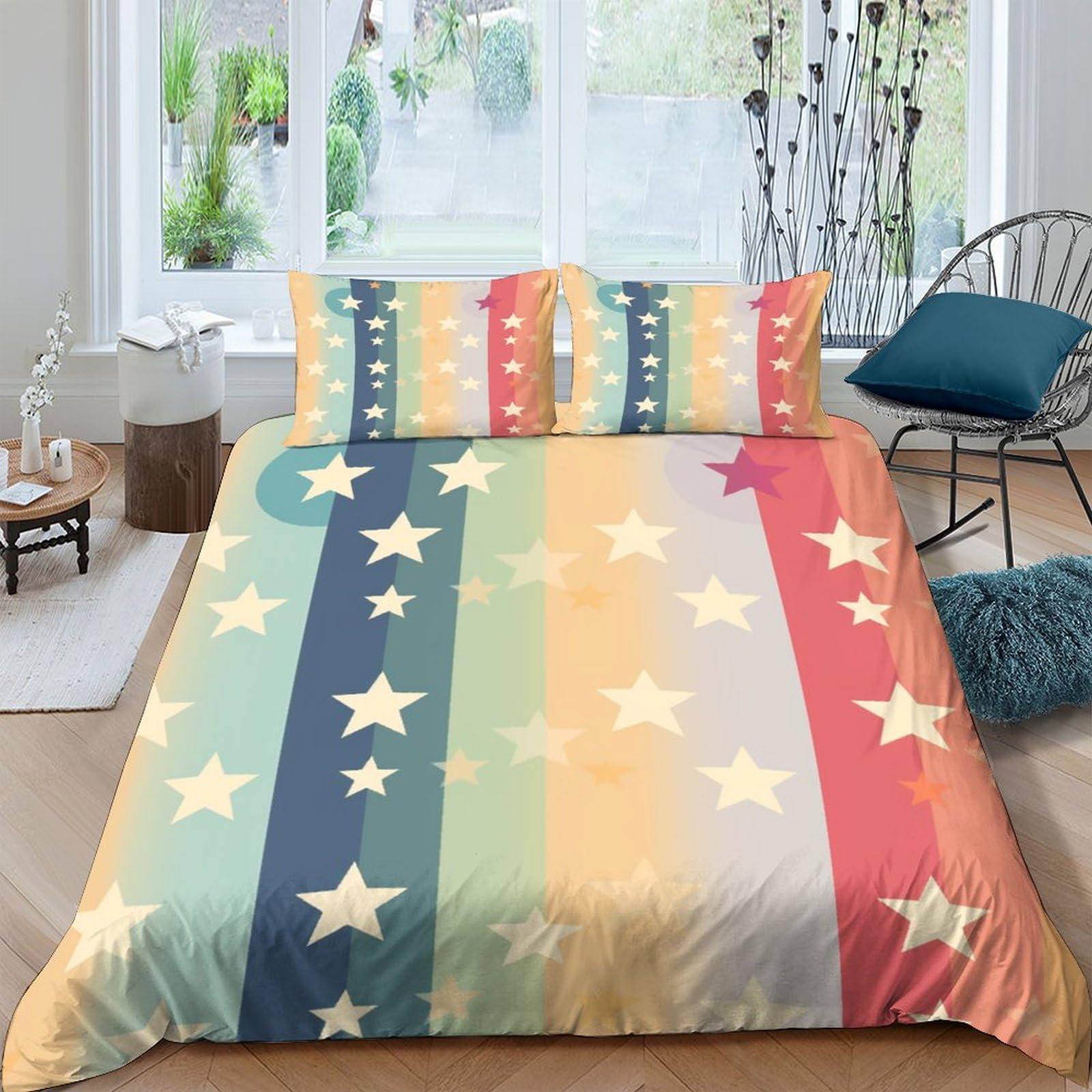 Housse de couette étoiles arc-en-ciel en impression 3D microfibre douce 3 pièces
