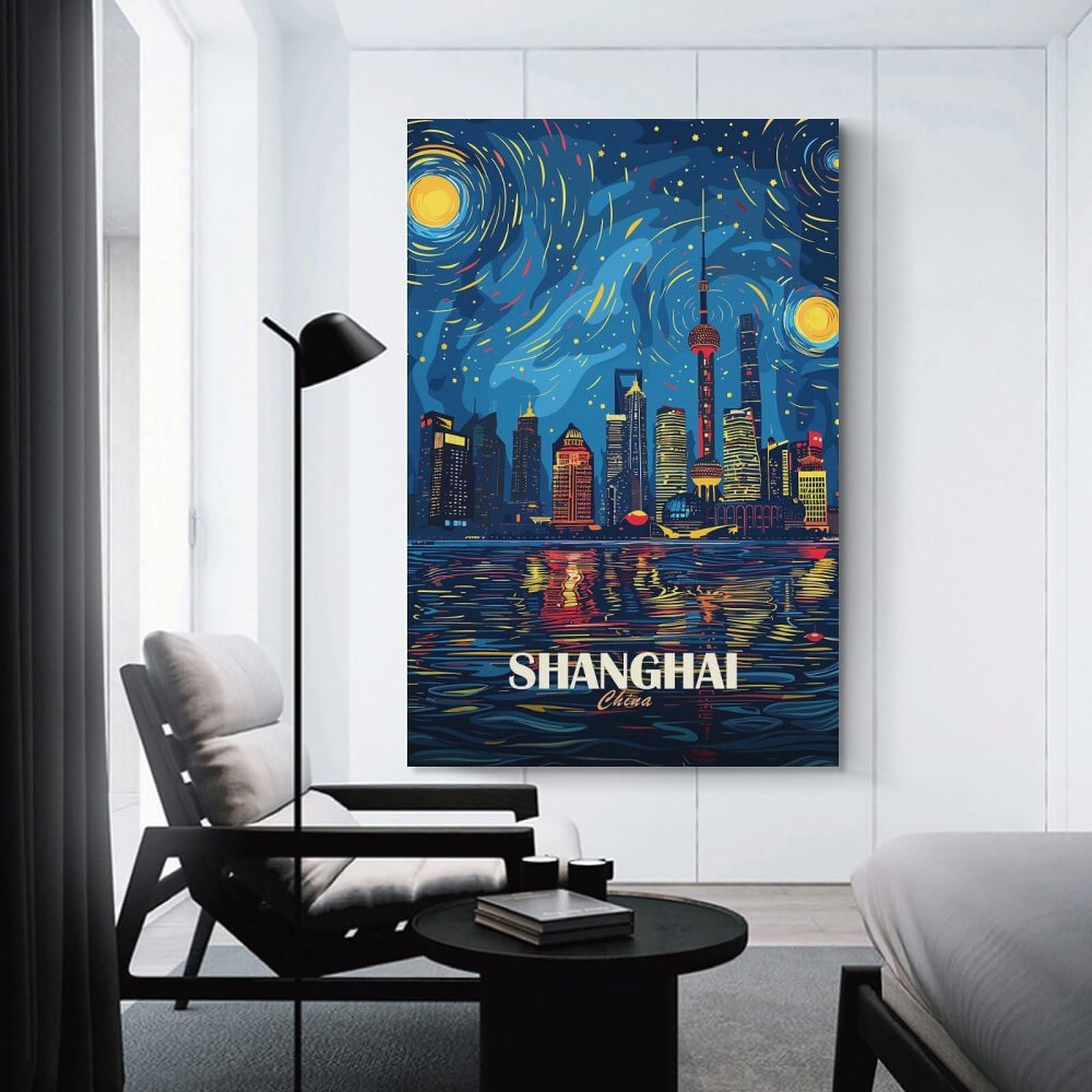 Junmoney Shanghai China Skyline Night Art Canvas Wall Picture, 20x30inch(50x75cm), for Entrance Spaces, Stair Walls Or Halls, A Stylish Accent for Home Entrances