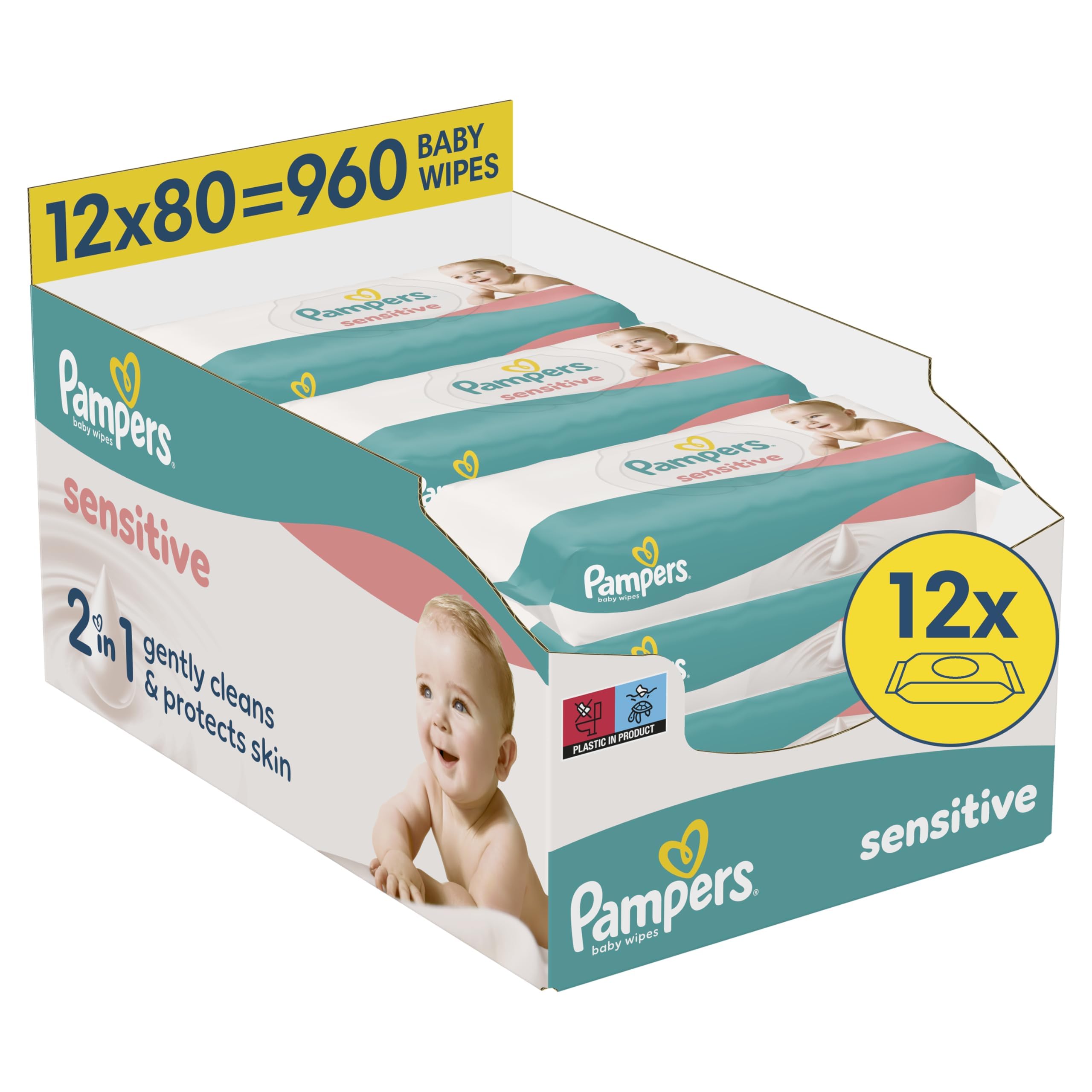 Pampers Sensitive Baby-Feuchttücher, 12 Packungen mit 80 Feuchttüchern = 960 Baby-Feuchttücher, 2-in-1 sanfte Reinigung & Hautschutz