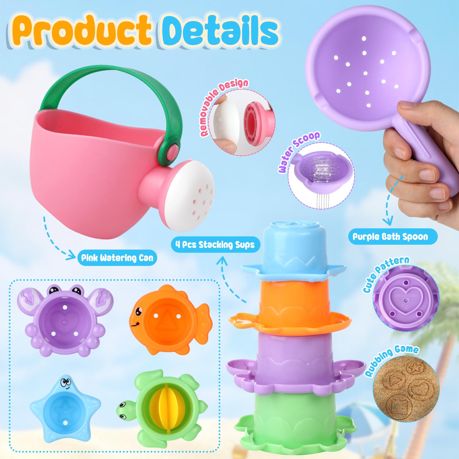 Bath Toy Set, 15 Pieces Bath Toy Baby, Water Toy Children with Storage Bag, Stacking Cup Swimming Pool Toy Gift for Boys and Girls - Image 4
