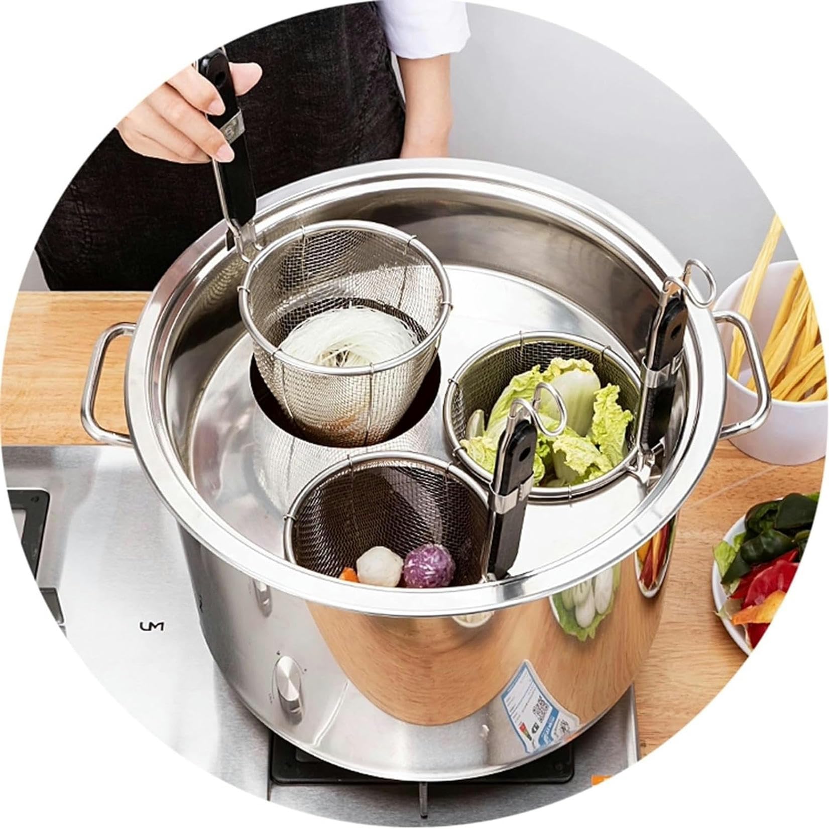 Cuisiseur à pâtes multi-trous avec panier de passage et passoire en inox