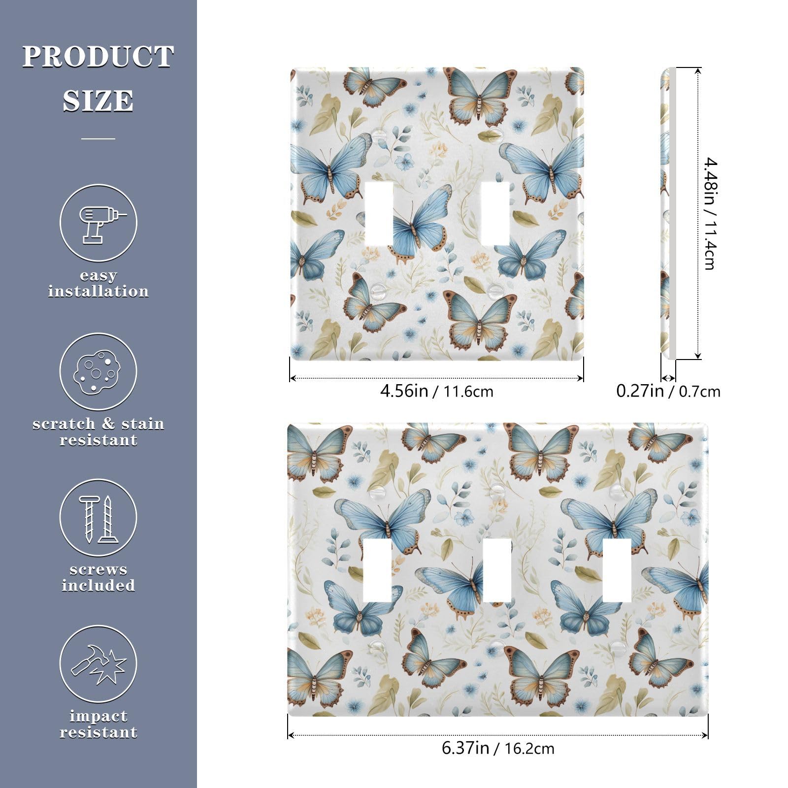 Light Switch Cover Blue Brown Butterfly Wall Plates for Electrical Outlets 3 Gang 202b2601