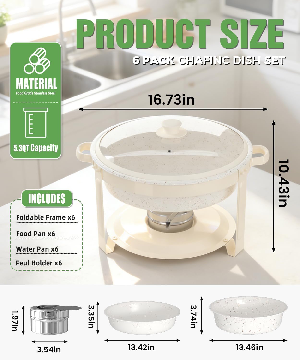 imacone maifanite-coated chafing dishes for buffet of 6, 6qt white chafing dish buffet set stainless steel chafer set, roll edge food warmers for parties, wedding, birthday, church events, catering 6-pack maifanite coating