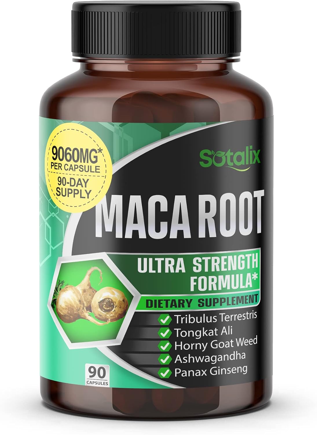 SOTALIX SUPPLEMENT Ultra Maca Root Extract 9060 mg High Potency with Tongkat Ali Tribulus Terrestris Panax Ginseng Ashwagandha - Extra Strength for Men Women - 3 Month Supply (90 Count (Pack of 1))