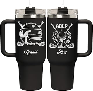 Personalized Golf Engraved Tumbler with Handle, 40oz Custom Name Insulated Cup, Stainless Steel Gift for Men, Dad, Grandpa, Husband, Golf Lover Gift, Black and White Color