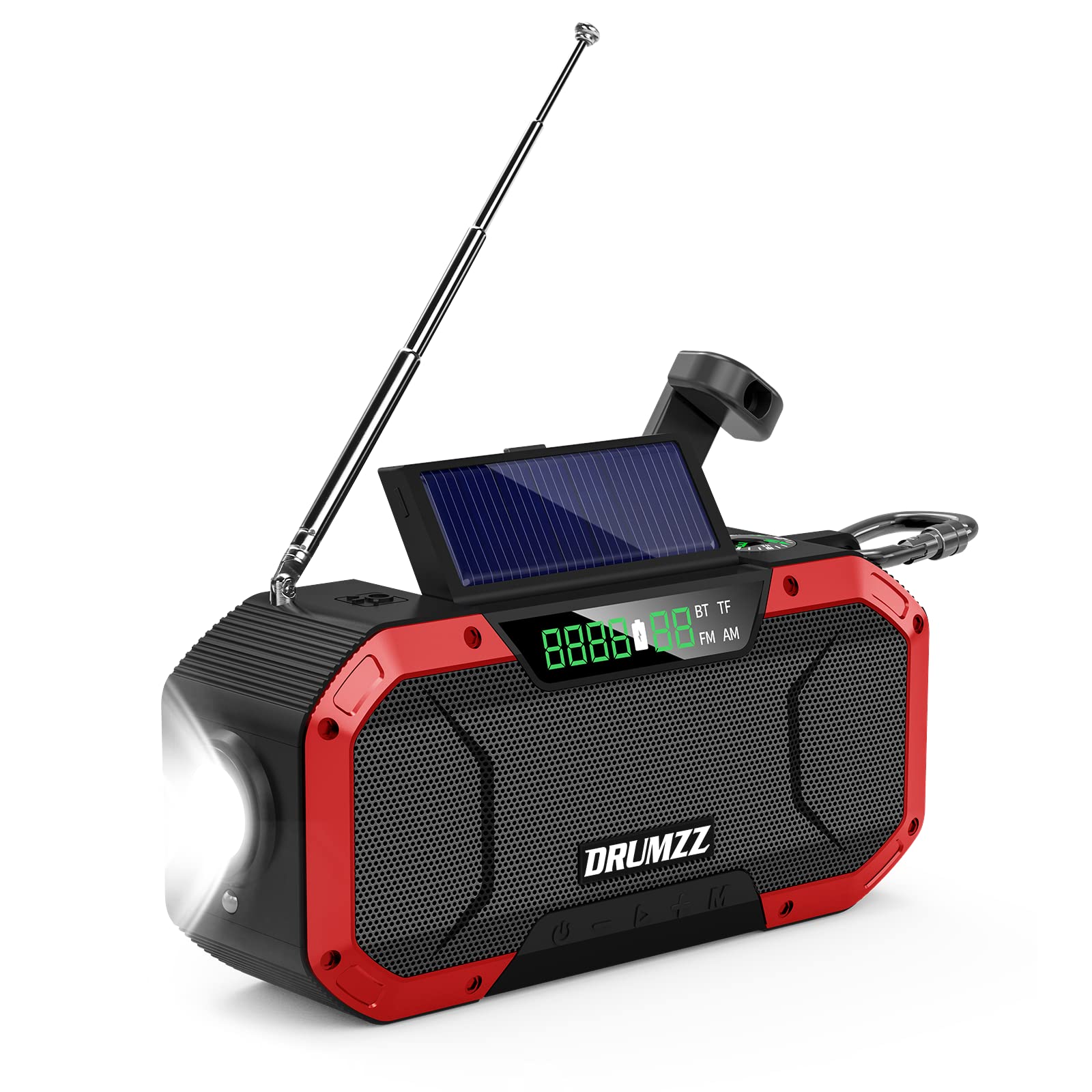 DRUMZZ Trek 400-Hand Crank Radio Bluetooth Speaker, IPX5, Solar Charging, Flashlight, Reading Lamp, 5000mAH Battery, Cell Phone Charger, SOS Alarm, Compass, LED Display, Drop & Dust Proof.(Red) (B09YRQFZFP) Amazon Price History, Amazon Price Tracker