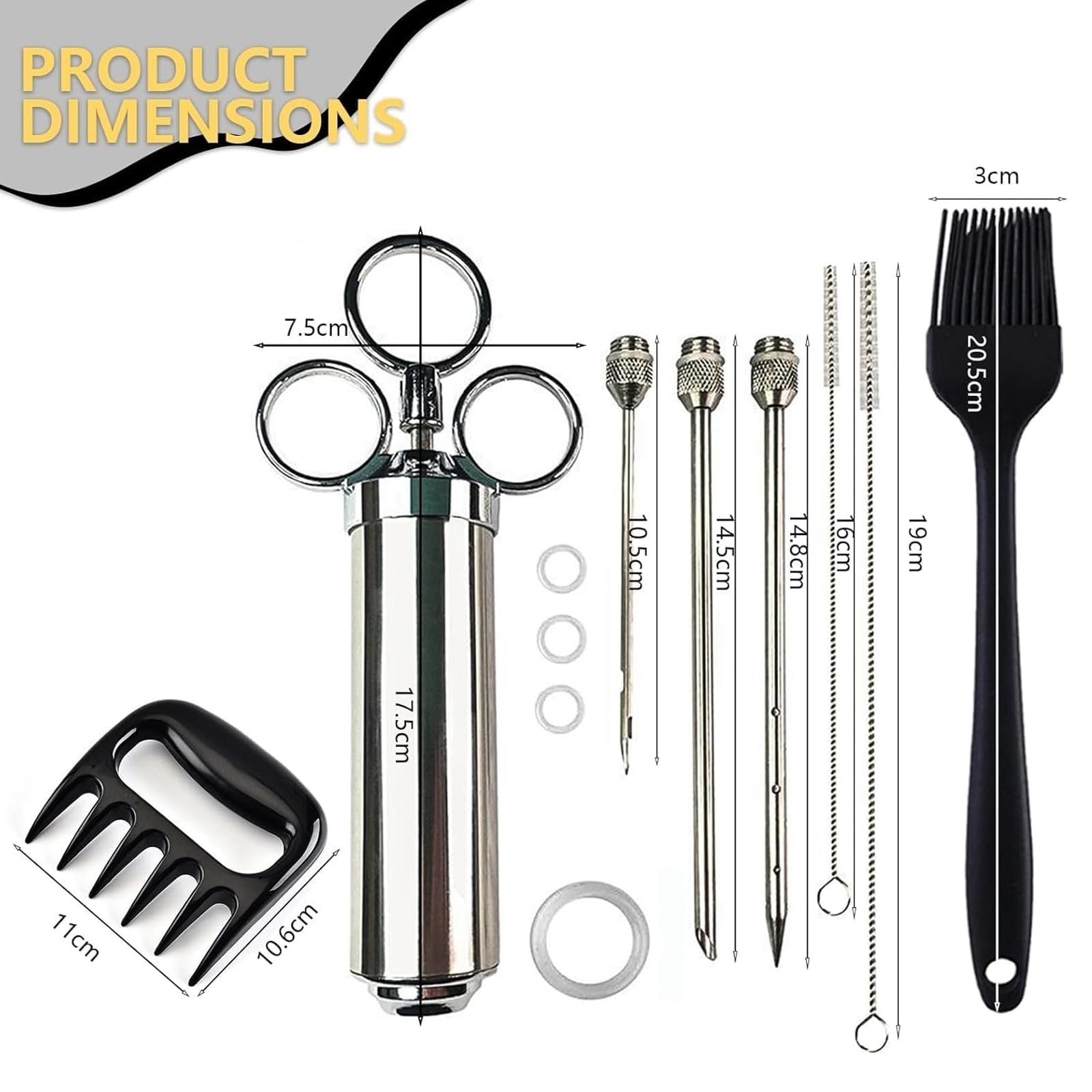 Iniettore per carne in acciaio inox 60 ml con 3 aghi siringa per marinata barbecue