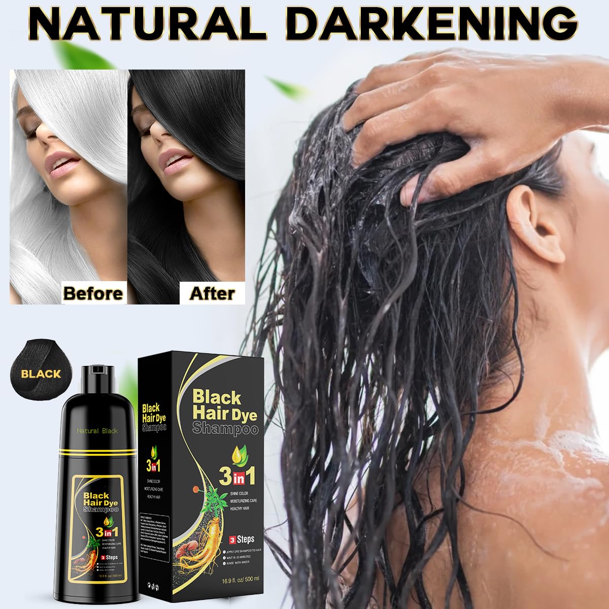 Black Hair Dye Shampoo 3 w 1, ziołowy szampon do pokrycia siwych włosów, kolor dla kobiet i mężczyzn (naturalna czerń)