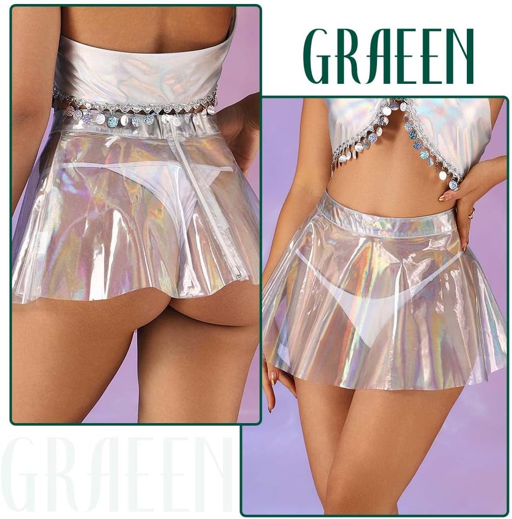 Women‘s Flared Pleated Skirts Shiny See Through Mini Skirt High Waist Clubwear Novelty Skirt for Women - Image 5