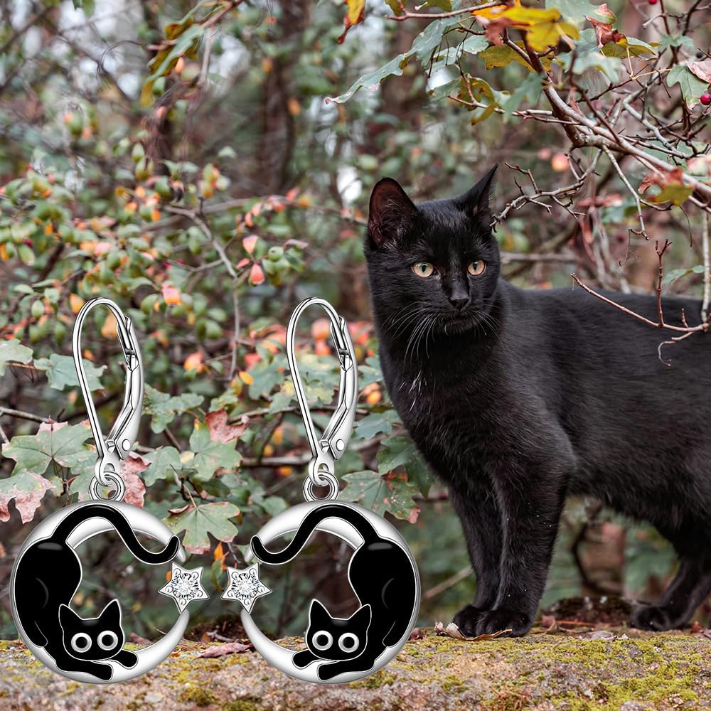 Cat Earrings for Women 925 Sterling Silver Black Cat Leverback Dangle Moon Earrings Cute Animal Earrings Gift - Image 8