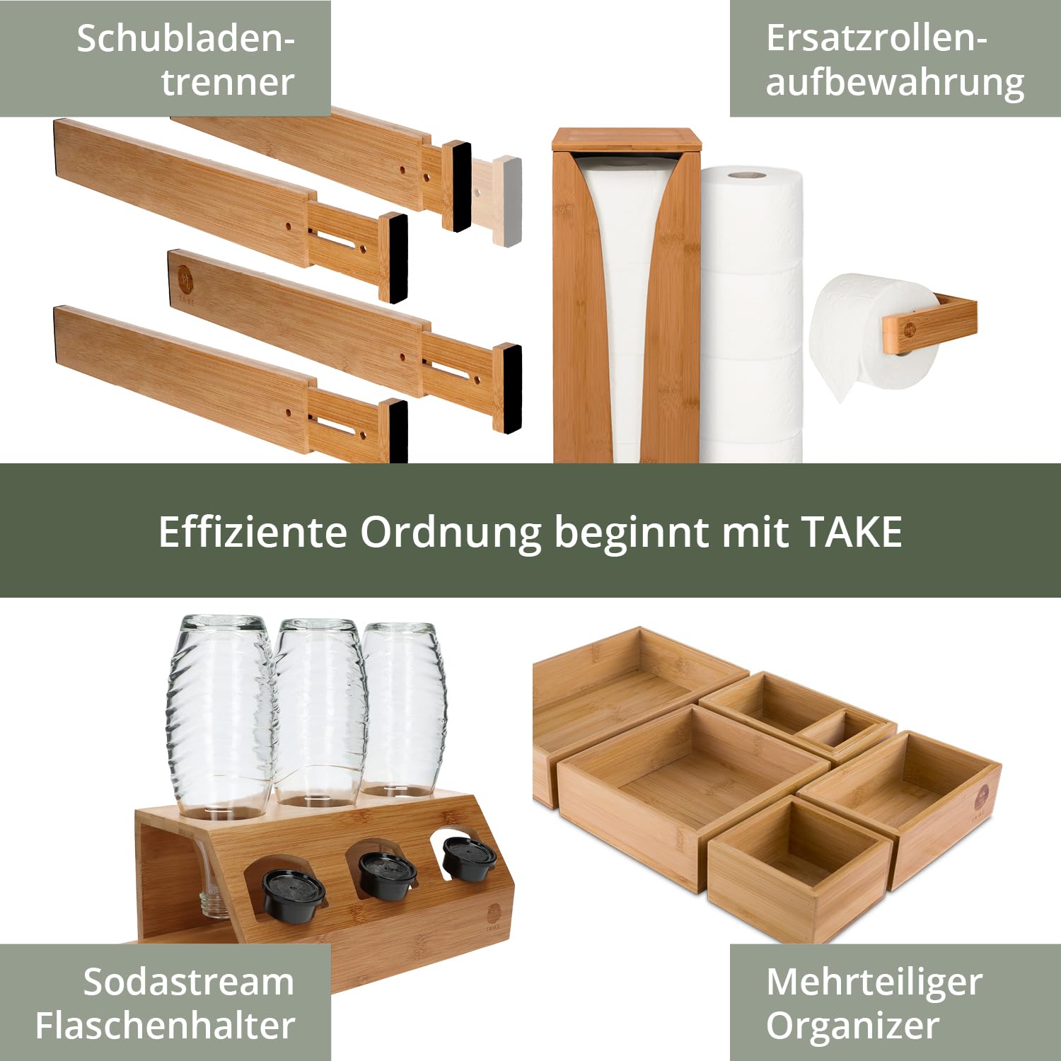 TAKE® 8-teiliges Schubladen Organizer aus 100% Natur Bambus - Boxen in vers. Größen für Küche, Bad & Büro, Schminktisch Organizer Bad, Drawer Organizer
