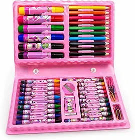 Kit de Pintura Infantil 48 Peças Rosa – Maleta Completa para Desenhar e Colorir | Lápis, Canetinhas, Giz de Cera e Acessórios | Tema Girl Presente Criativo