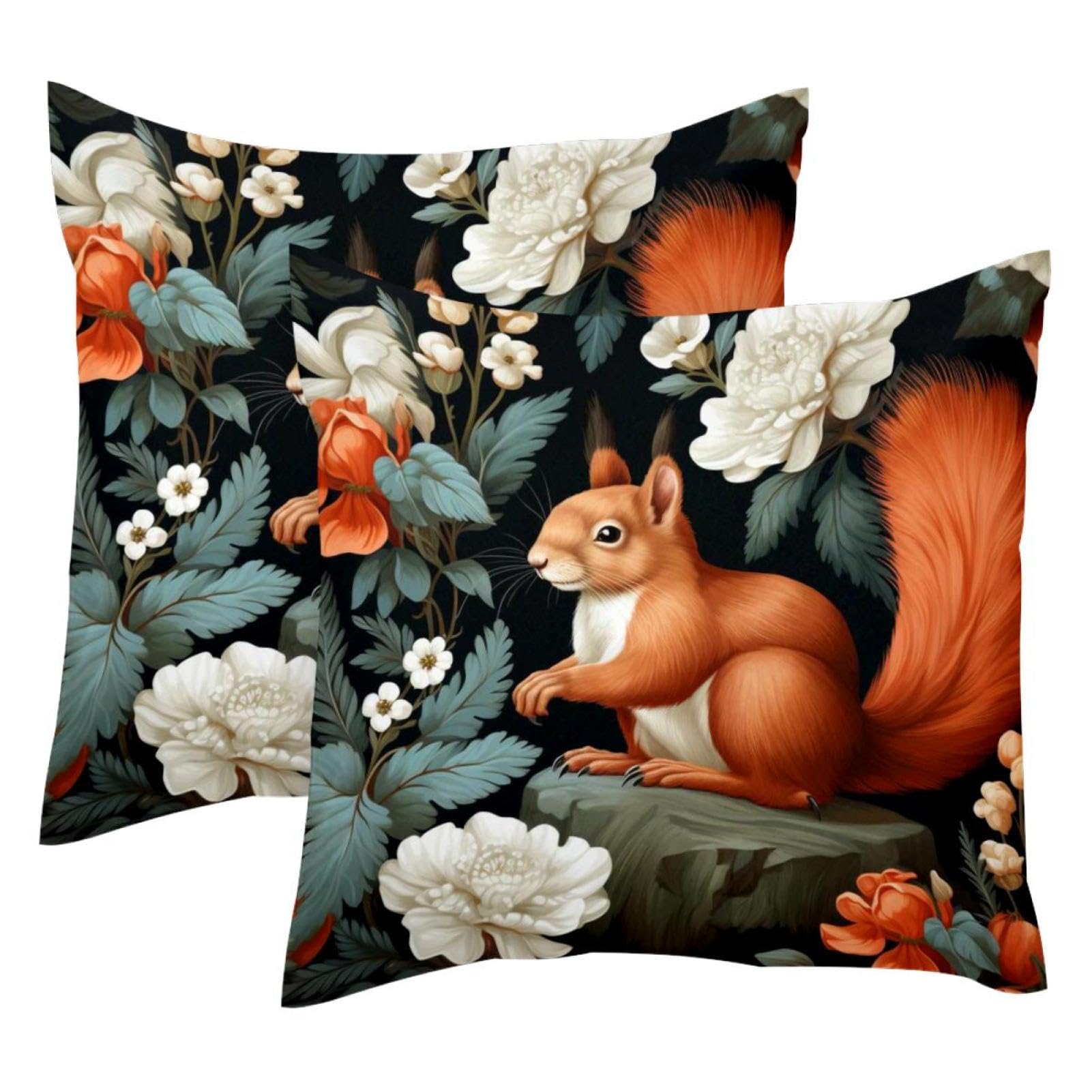 Housse de coussin velours écureuil fleurs tropicales 50x50cm taie décoration