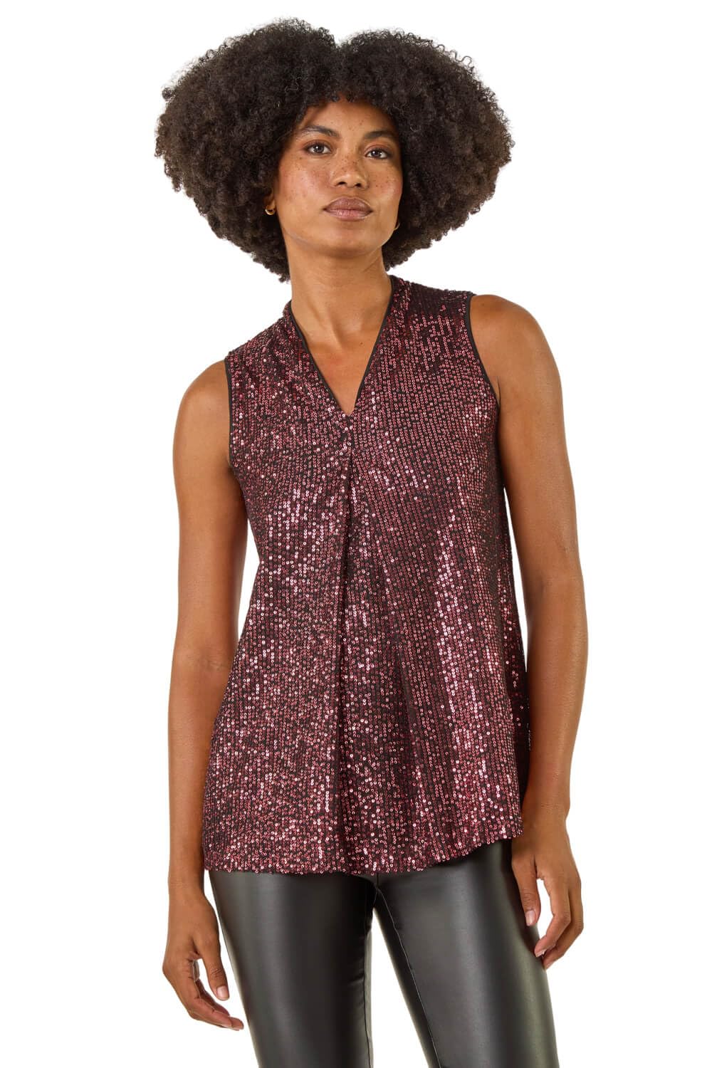 Roman Originals Women's Pink Roman Sequin Front Pleat Vest For Uk - Autumn Everyday Winter Holiday V-Neckline Comfy Sleeveless Soft Sparkle Shirt Dinner Date Tops - Rose - Size 18