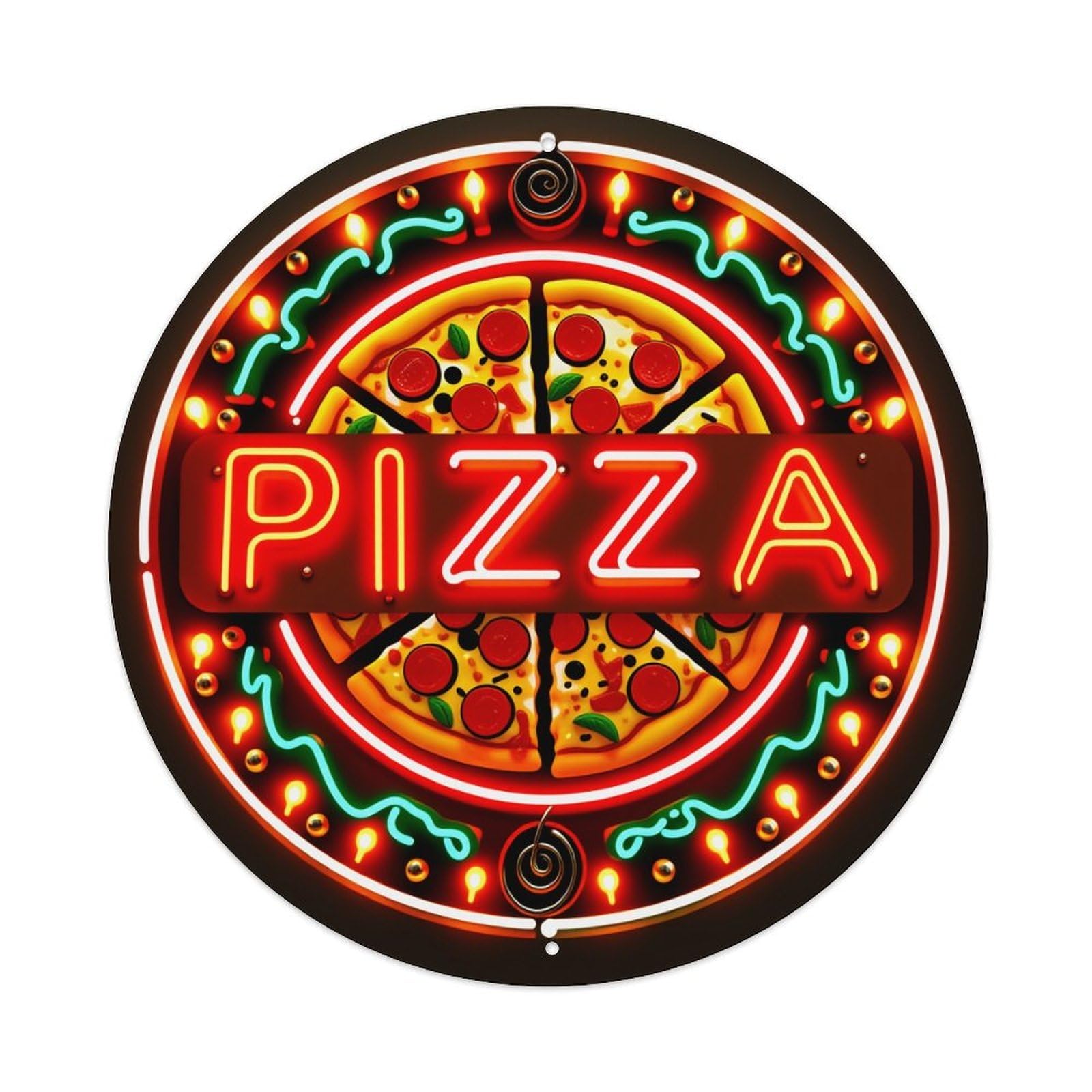 Wmlzdnwr Vintage Pizza Neon Sign With Circular Design And Bright Colors Round Tin Sign,Retro Wall Art,Metal Poster For Home, Bar, Garage, Cafe, Rustic Indoor & Outdoor Decor, 8X8 Inches