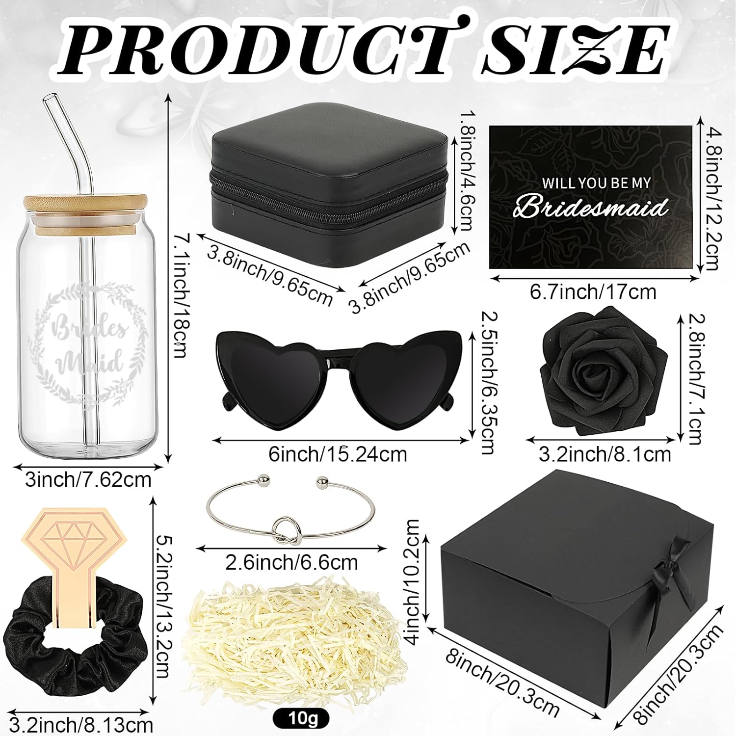 9 Pcs Bridesmaid Proposal Gifts - Will You Be My Bridesmaid Kit with Elegant Box Jewelry Box Glass Cup Invited Cards Knotted Bracelets Sunglasses Scrunchies Raffia Grass (Black)