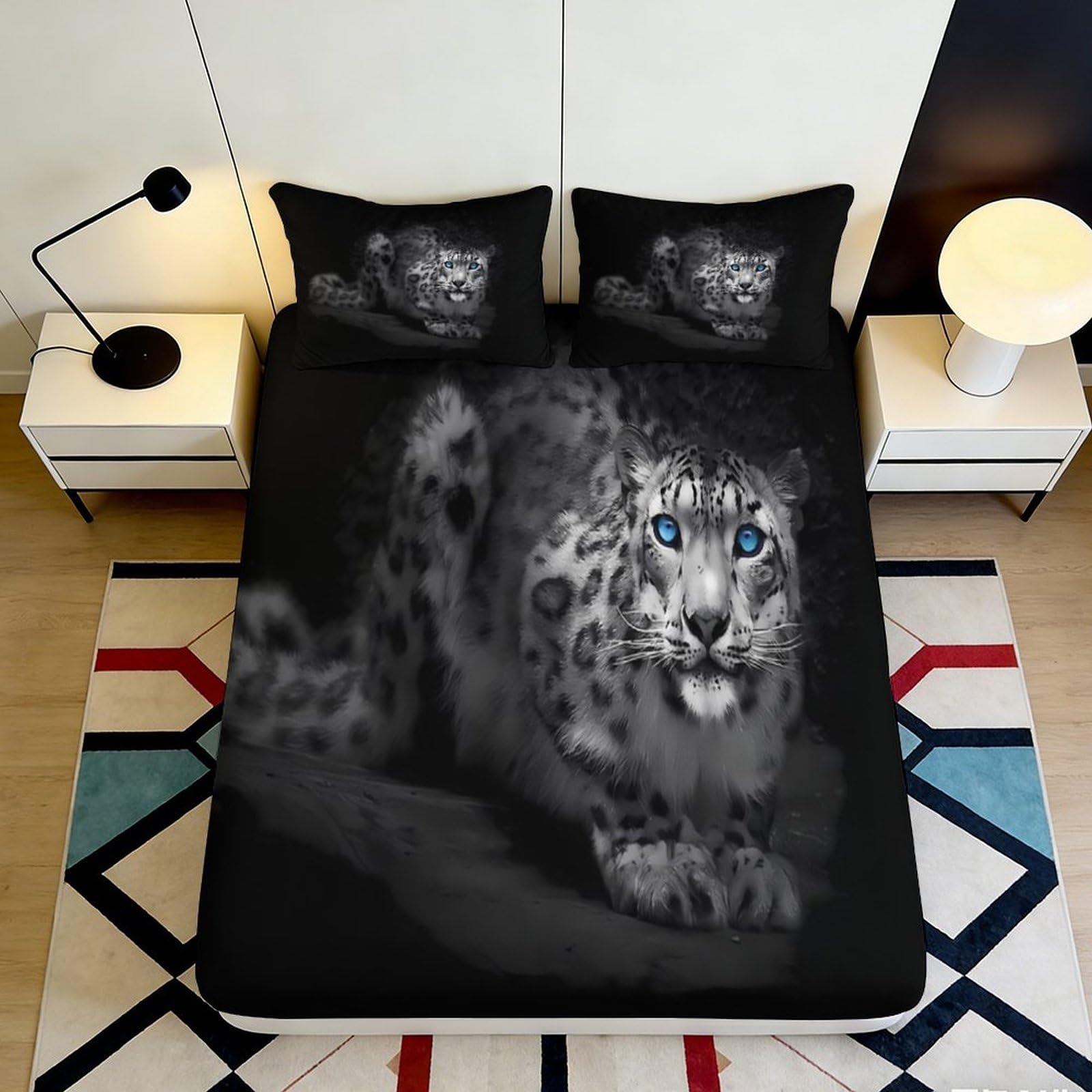 3D Printed Snow Leopard Fitted Sheet Microfiber Soft Breathable Blue Eyes Bed Cover for Bedroom Dormitory Guest Room Mattress Protection 120x200x25cm