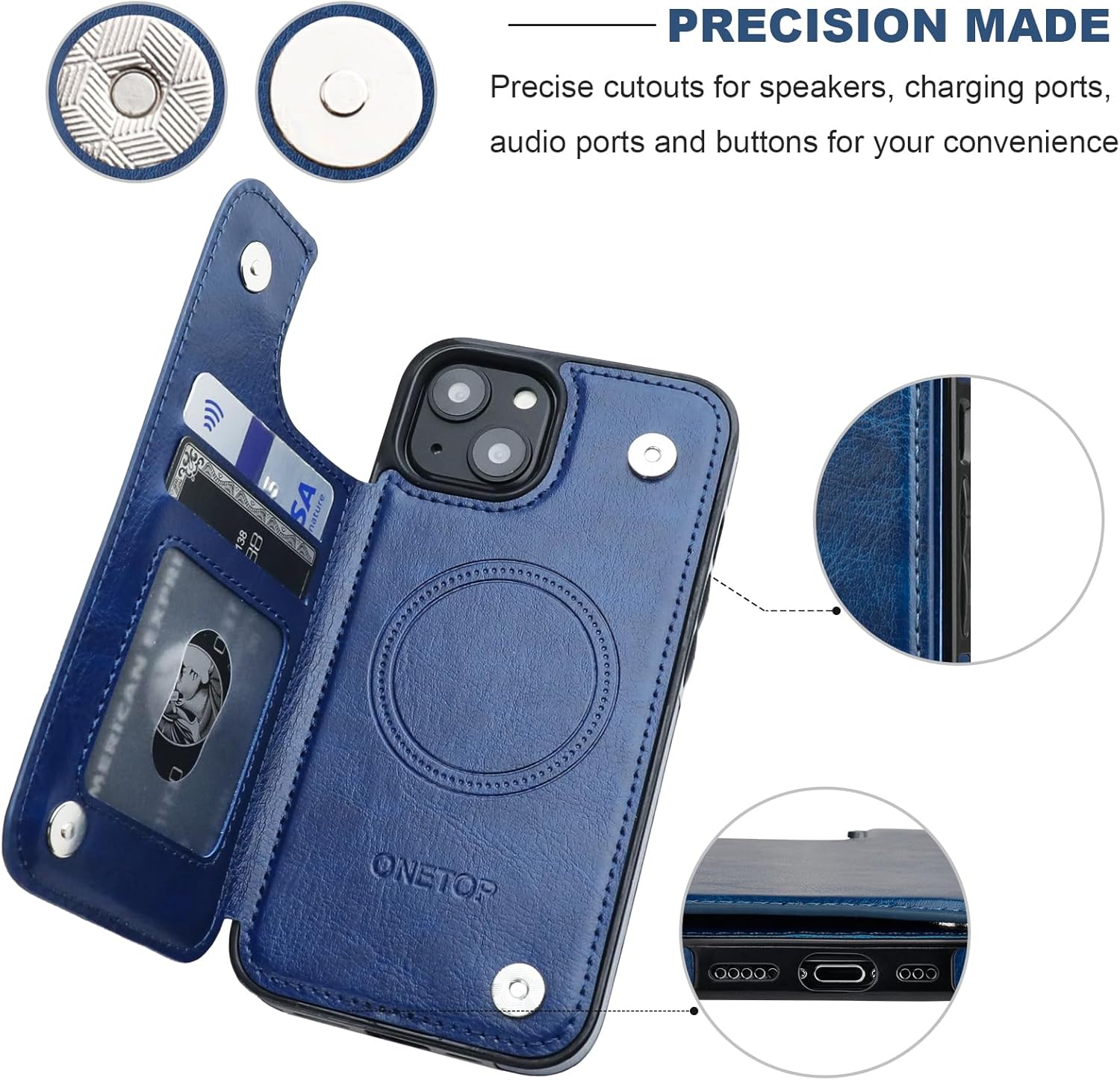 ONETOP Compatible with Magsafe for iPhone 13 Wallet Case with Card Holder, PU Leather Kickstand RFID Blocking Case, Double Magnetic Clasp and Durable Shockproof Cover 6.1 Inch (Blue) - Image 9