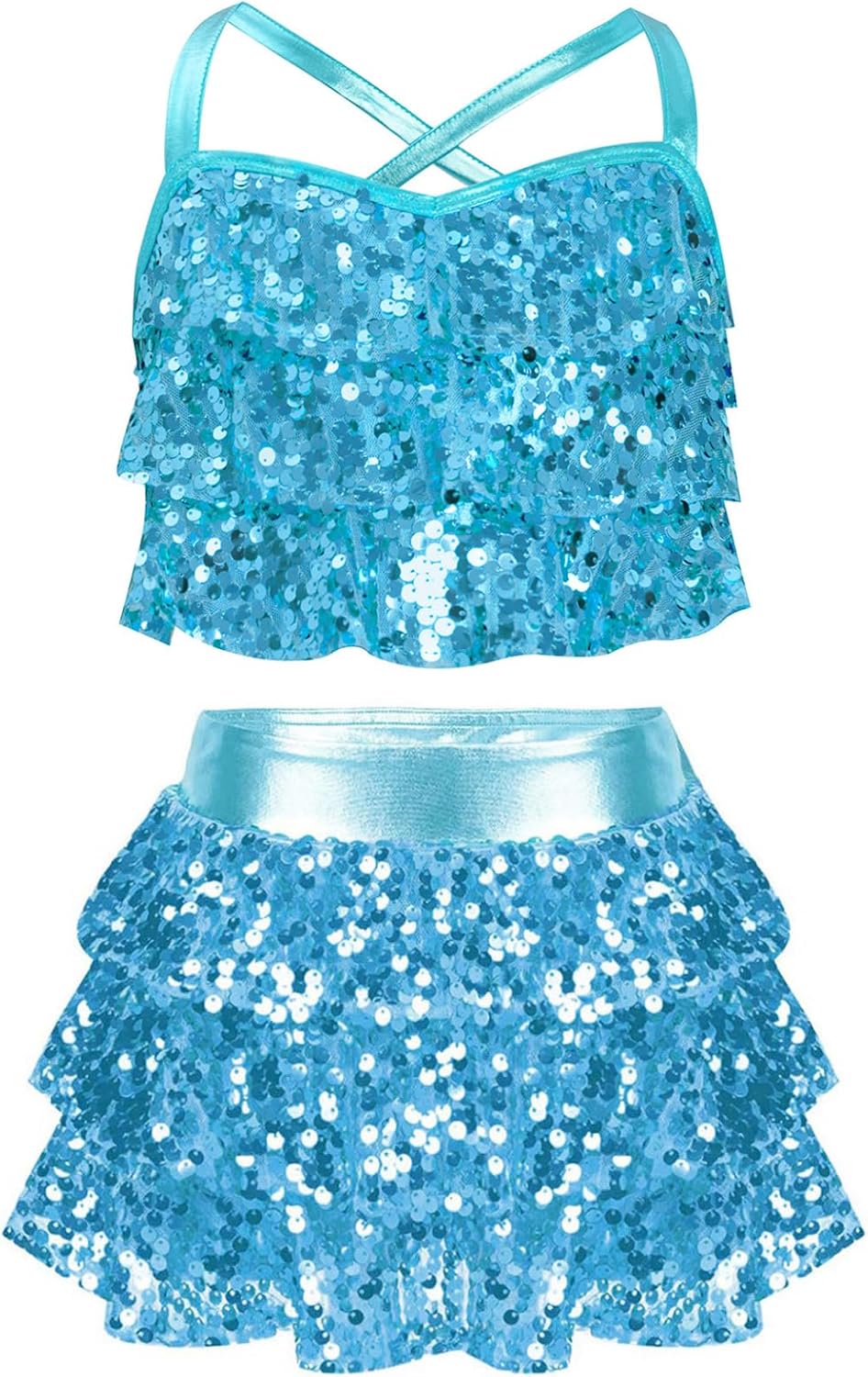 Hansber Kids Girls Sequin Cheerleading Dance Outfits Dress Metallic Crop Top with Skirt Set Jazz Latin Hip Hop Costume