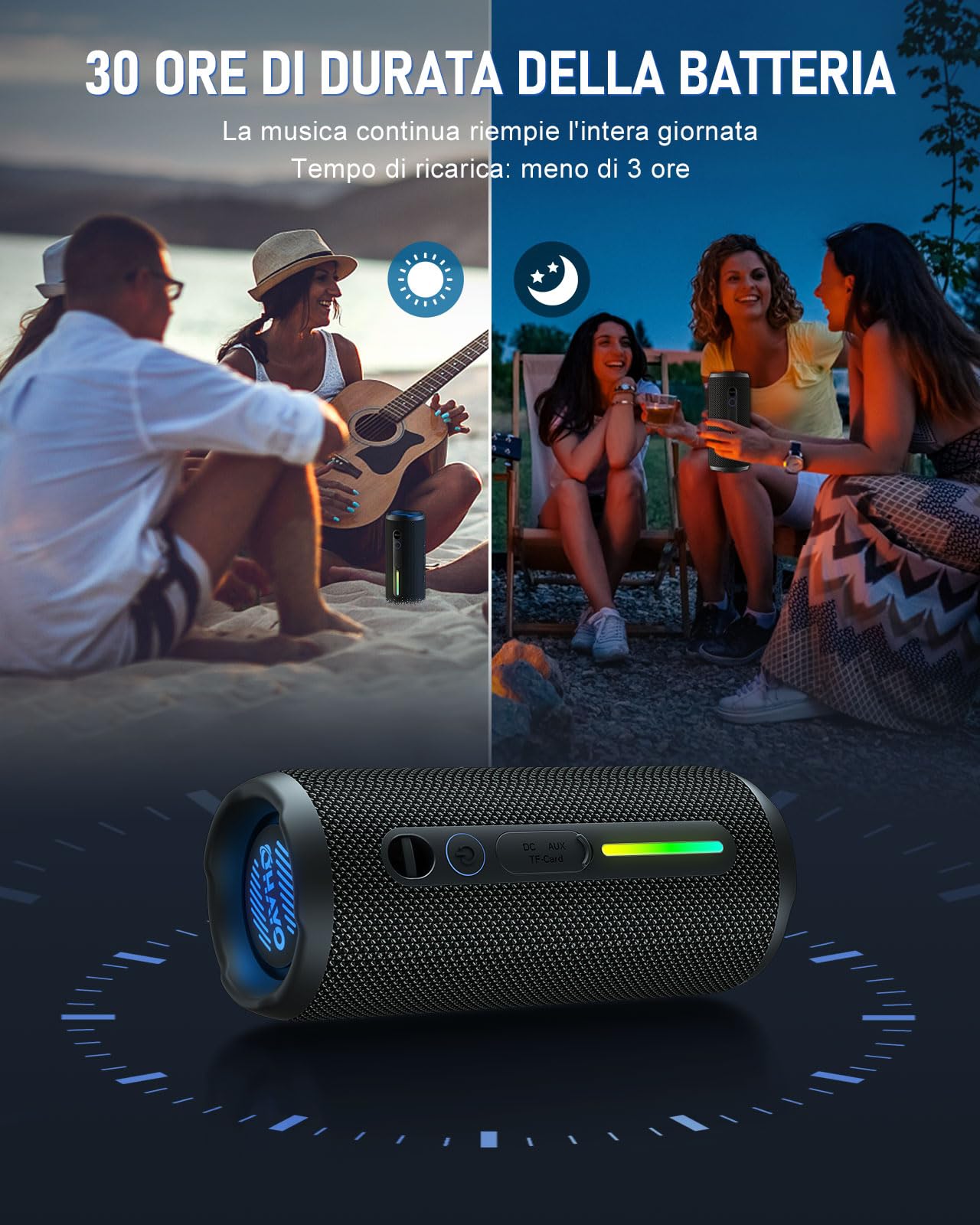 OHAYO Cassa Bluetooth Potente Portatile 24W, Altoparlante Bluetooth 5.3 con luci RGB e funzione di potenziamento dei bassi, 30 Ore di Gioco, Impermeabile IPX7, Adatto per Uso All'aperto, Feste